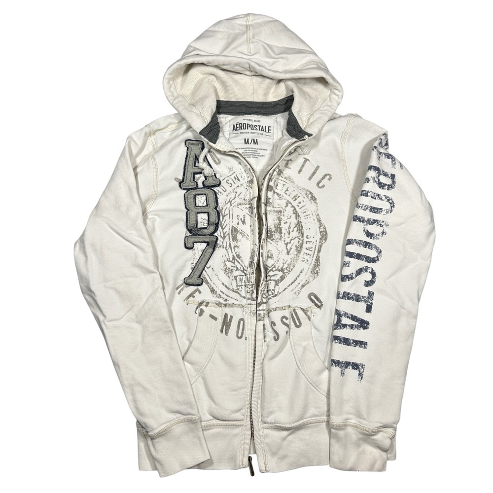 Y2K Aeropostale Mens A87 Full Zip Hoodie Cream White Graphic Sweatshirt Medium